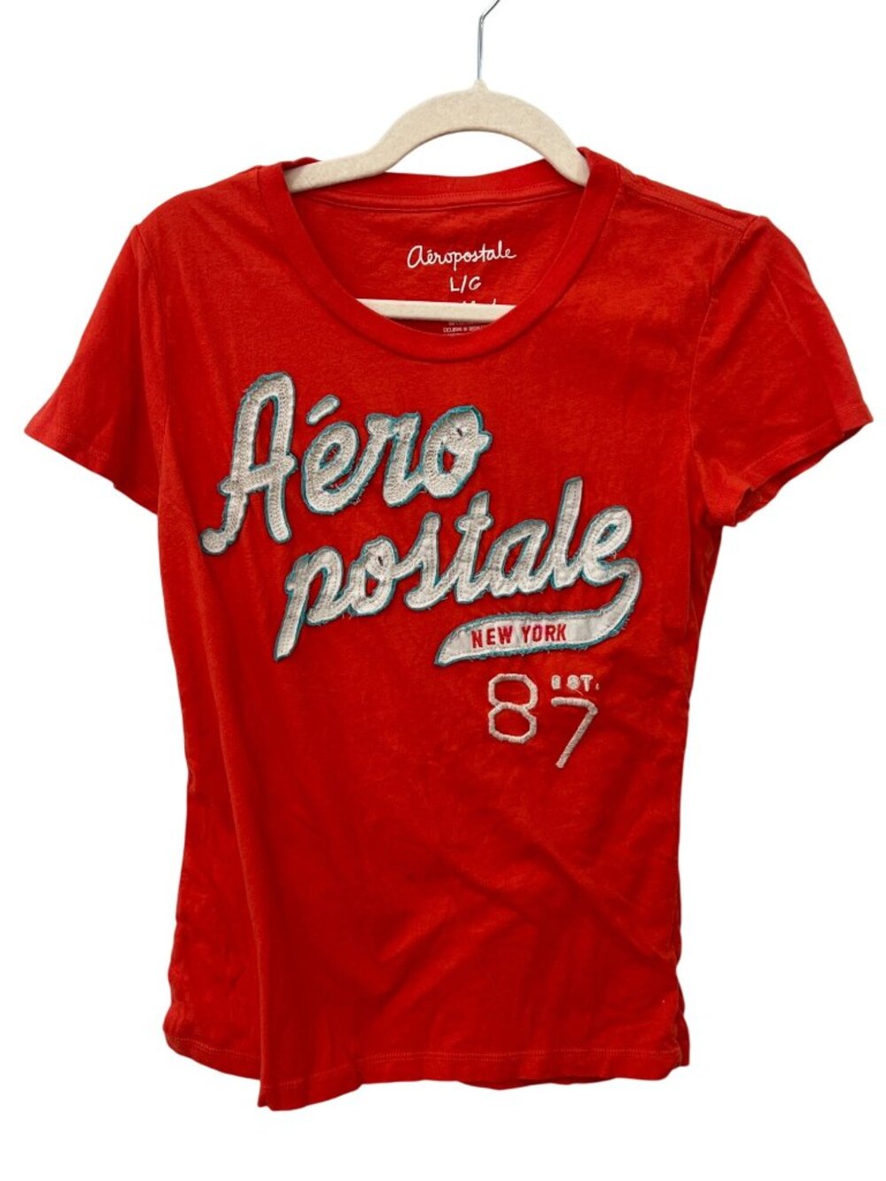 Y2K Aeropostale Graphic Tee Large Crewneck Short Sleeve T-Shirt Red Orange Tee